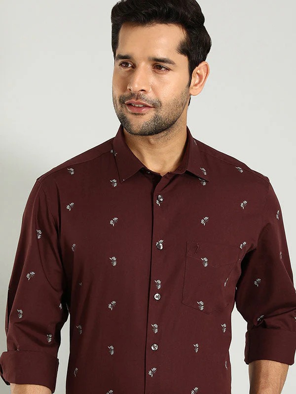 Indian Terrain Men's Regular Fit Full Sleeve Floral Print Brown Shirt